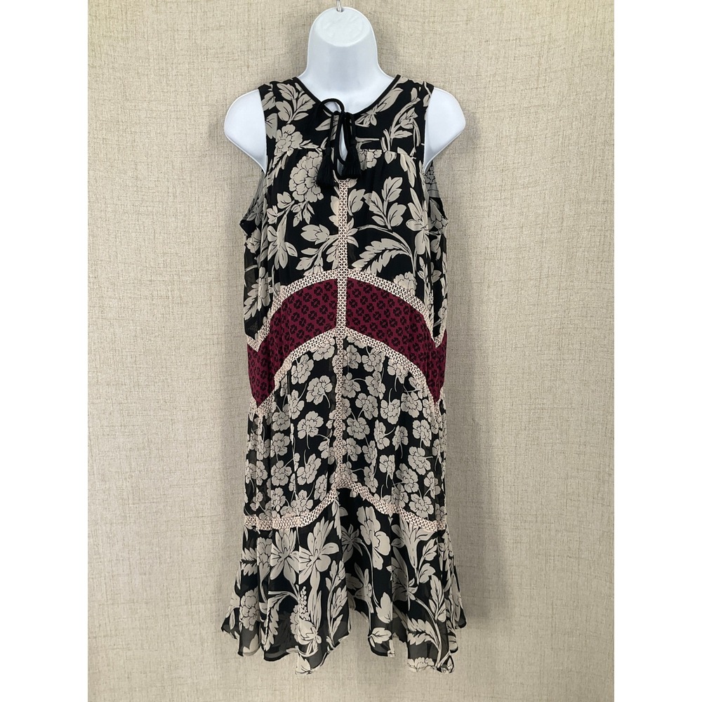 Loft Floral‎ Shift Dress Womens M Black Burgundy Crochet Lace Boho Sleeveless